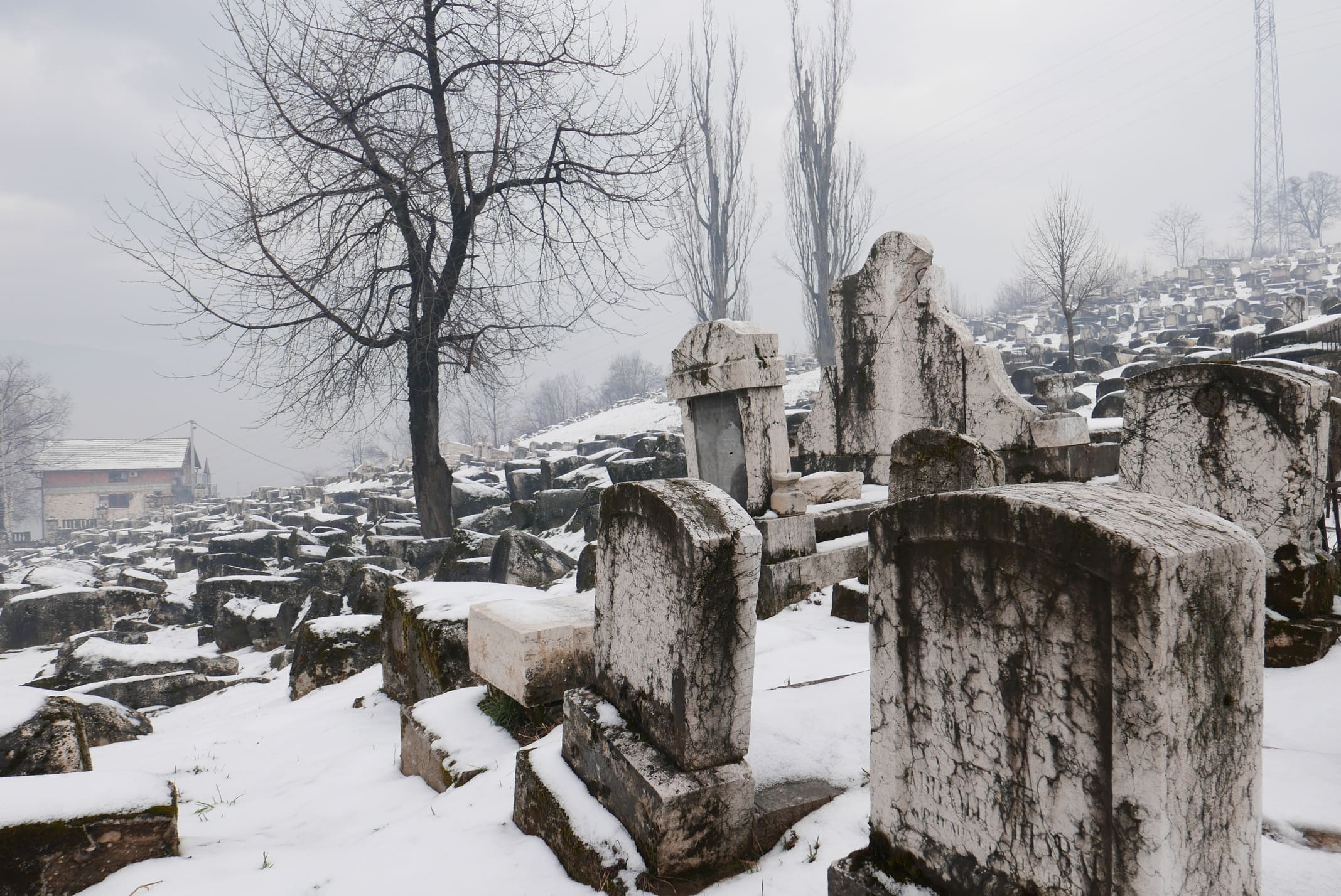 Una veduta delle lapidi abbattute del cimitero ebraico sopra Sarajevo, marzo 2018. Dal cimitero i cecchini sparavano sui civili della città. Foto: GfbV