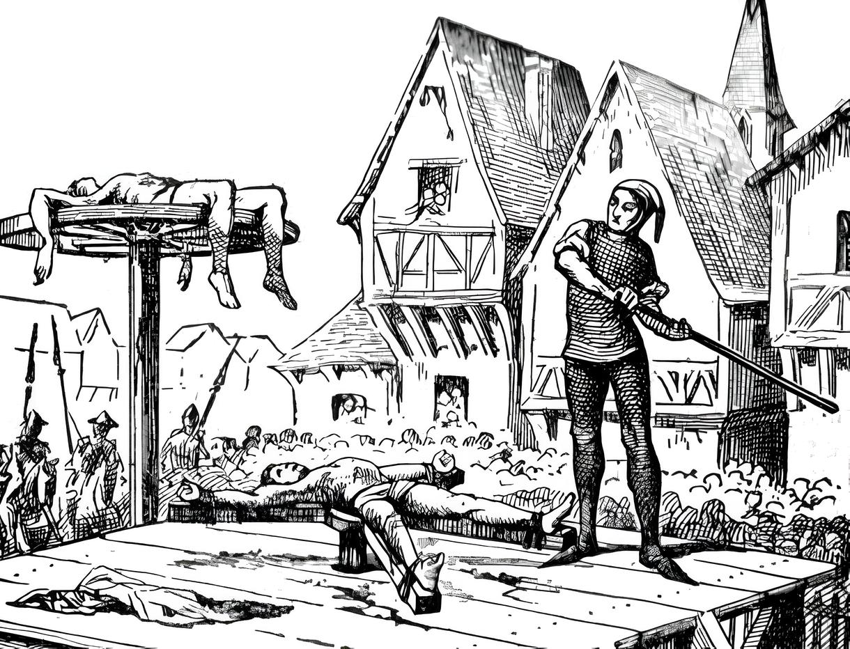 La ruota di tortura, nota anche come ruota dell'esecuzione, nell'illustrazione di Pierre Larousse. Foto: Pubblico dominio